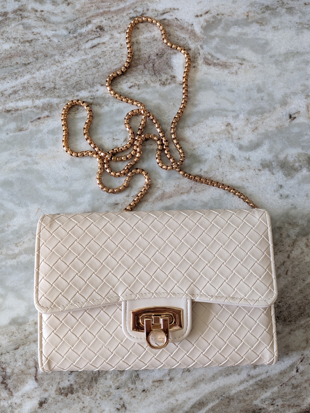 Women's Cream Woven Leather Dressy Crossbody Bag with Gold Chain - Picture 3 of 11